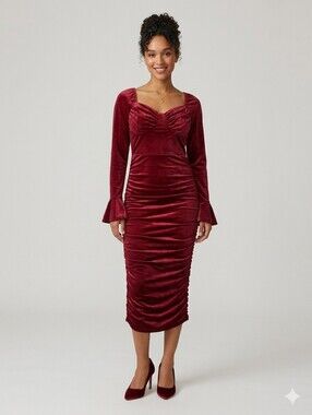 Ruche-Front Long Sleeve Velvet Midi Dress in Wine Red